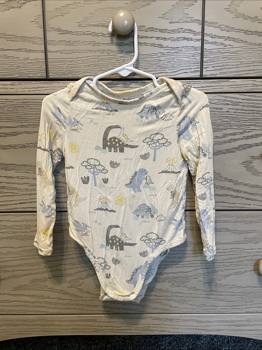 Angel Dear Long-Sleeve Dino One-Piece Bodysuit - Cream, Gray, Blue